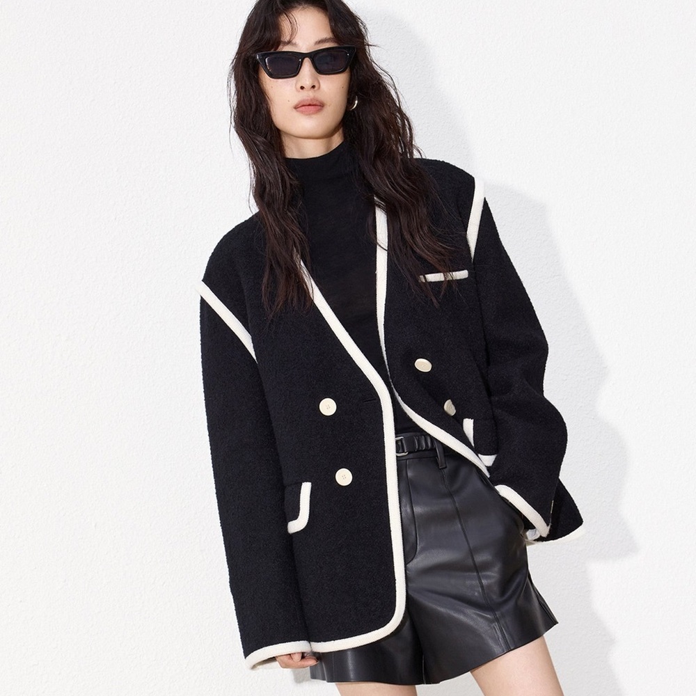 Chic Black & White Contrast Trim V-Neck Tweed Jacket Blazer
